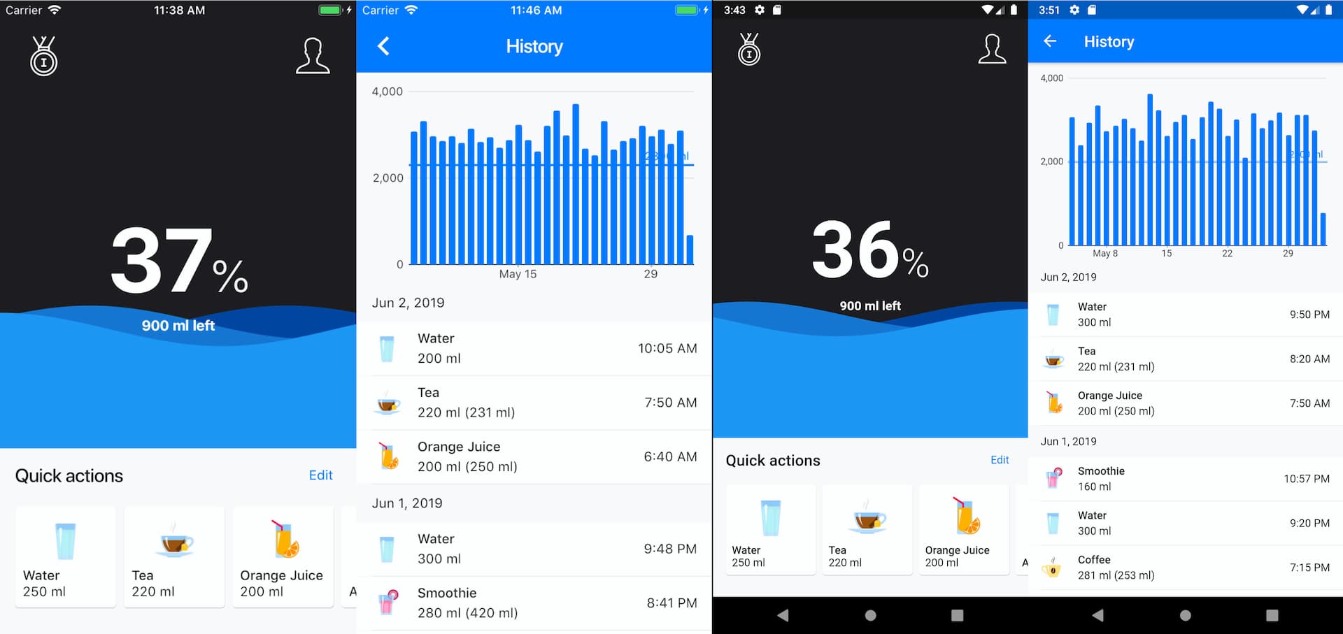 The Water Reminder app built with the Flutter framework.
iOS version (left) vs Android version (right)